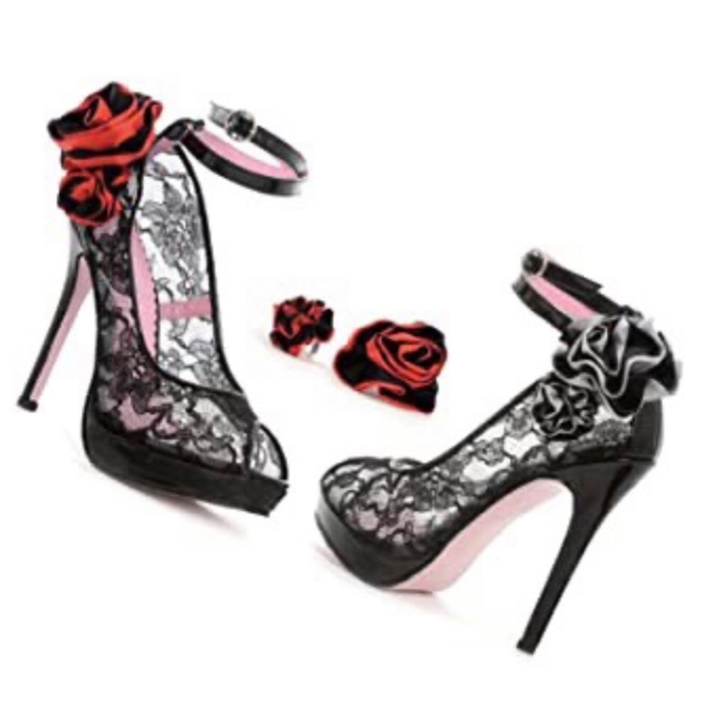 NWOT Black Spanish Lace Peep Toe Ankle Strap Heels